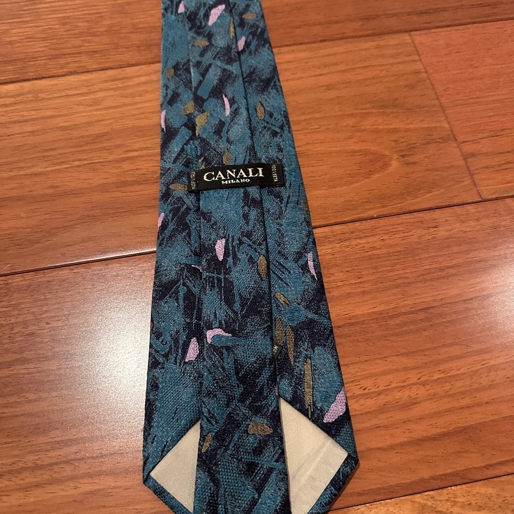 Canali Dark Teal, Black, and Grayish Pink Patterned Tie 100% Silk Made in Italy - Picture 4 of 8